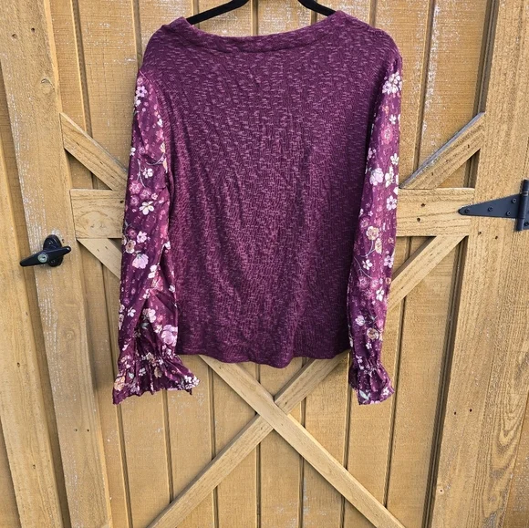 Cato Burgundy Floral Sleeve Knot Front Blouse - Picture 3 of 3